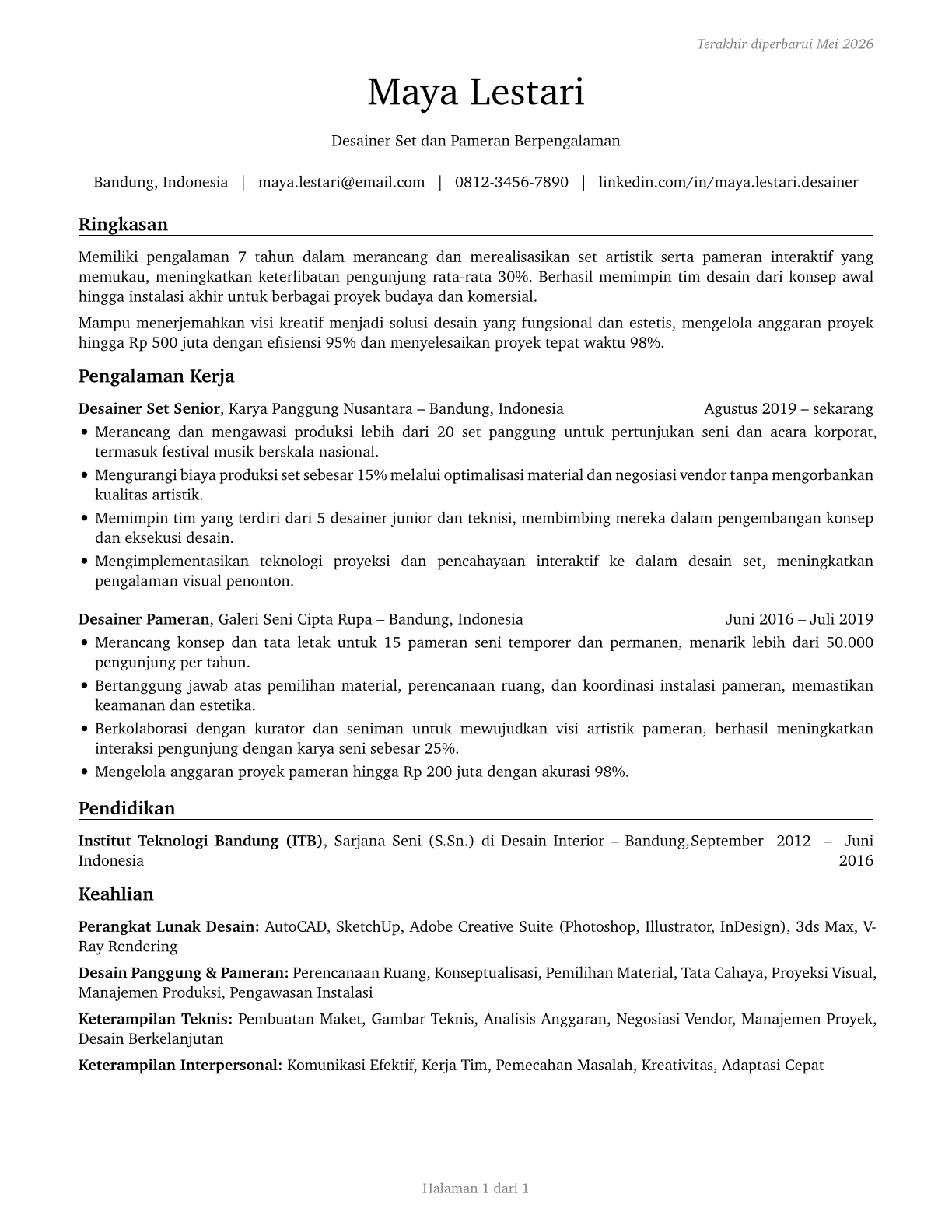 Set and Exhibit Designers CV in Indonesian — page 1