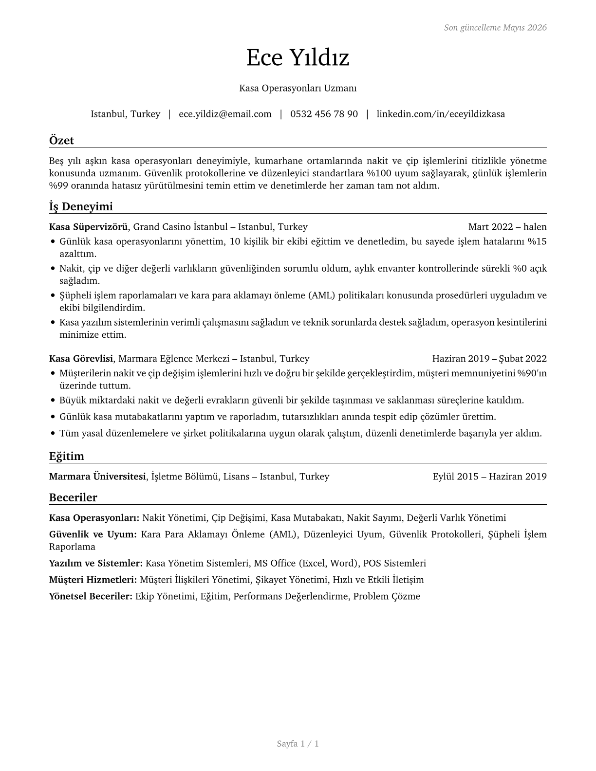 Gambling Cage Workers CV in Turkish — page 1