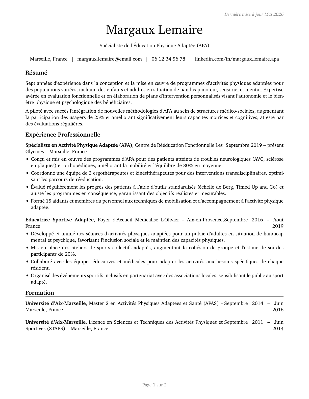 Adapted Physical Education Specialists CV in French — page 1