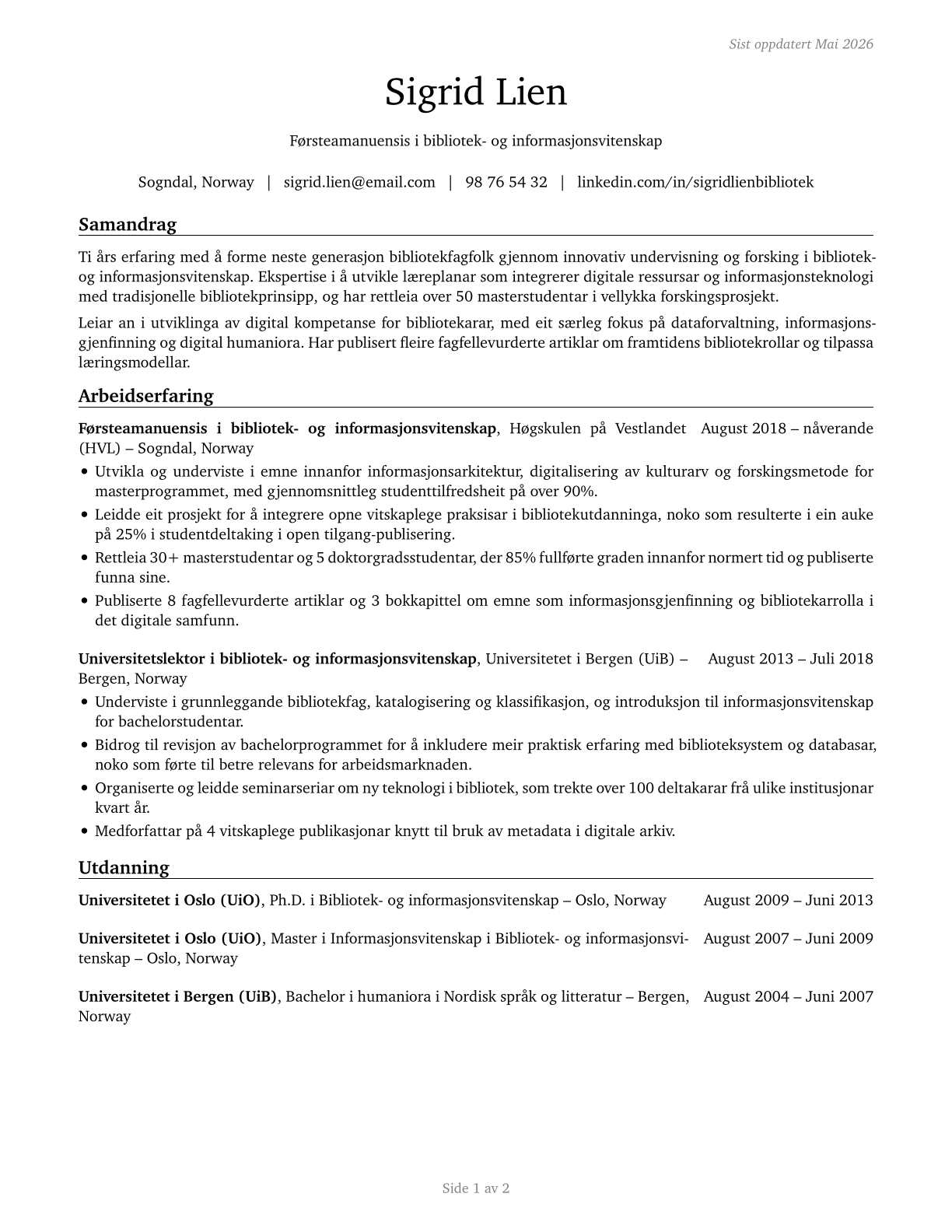 Library Science Teachers, Postsecondary CV in Norwegian_nynorsk — page 1