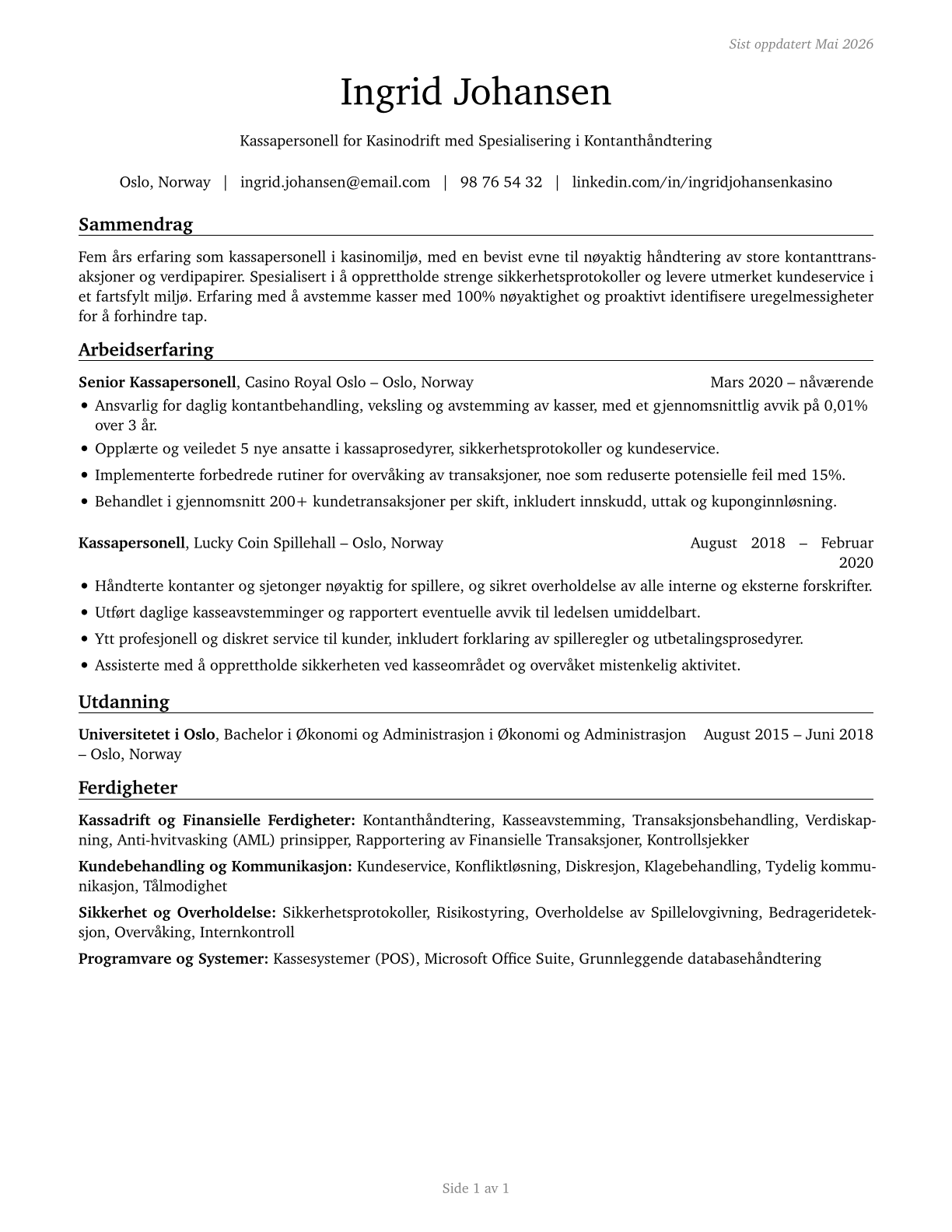 Gambling Cage Workers CV in Norwegian_bokmal — page 1