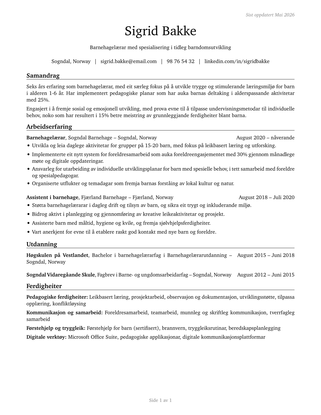 Childcare Workers CV in Norwegian_nynorsk — page 1