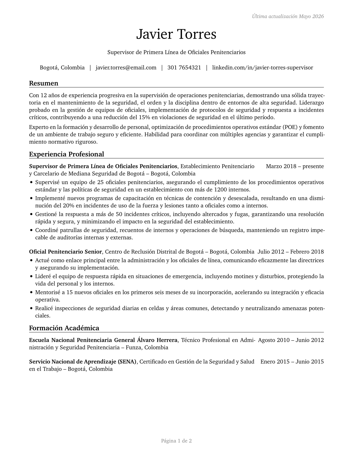 First-Line Supervisors of Correctional Officers CV in Spanish — page 1