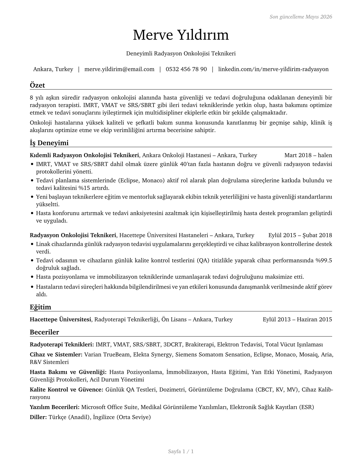 Radiation Therapists CV in Turkish — page 1