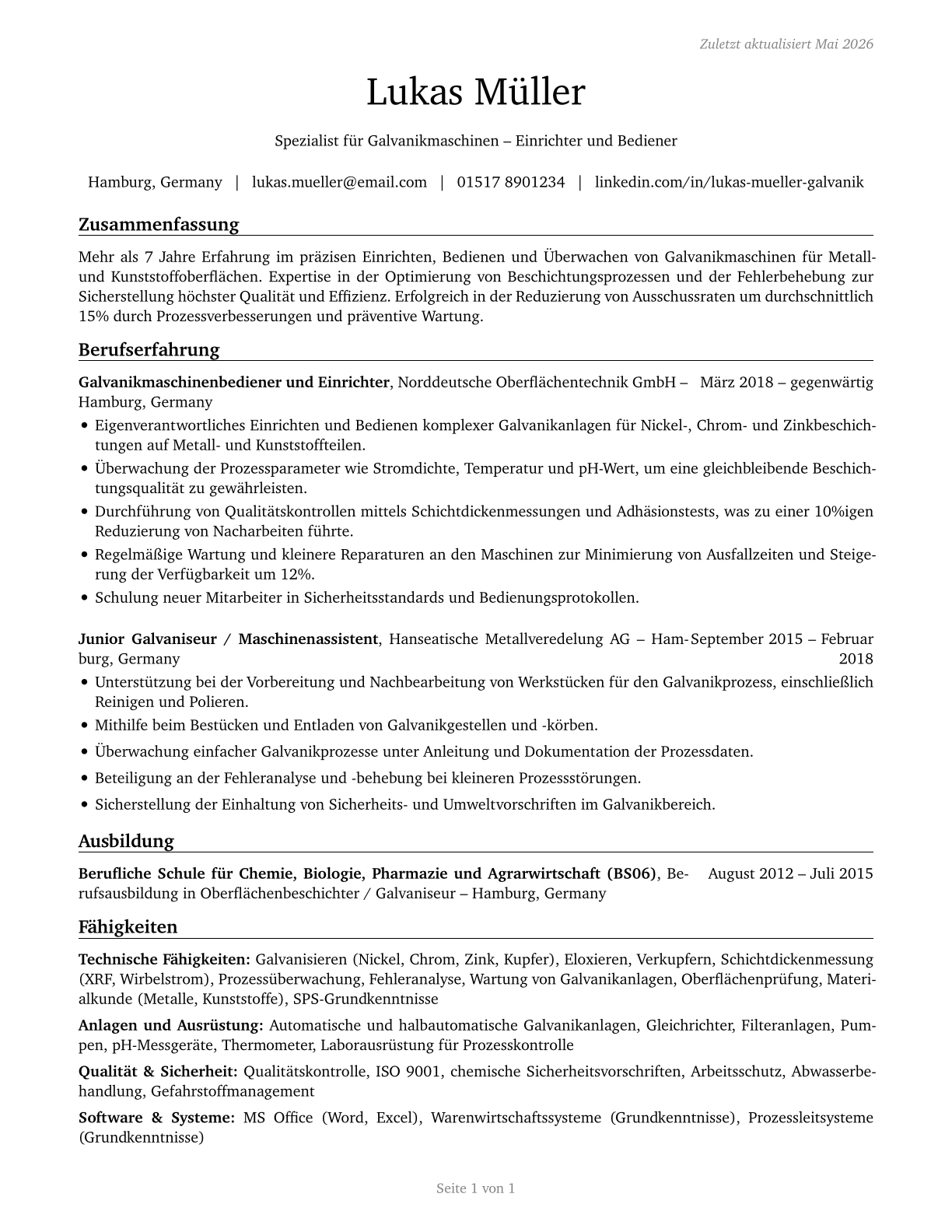 Plating Machine Setters, Operators, and Tenders, Metal and Plastic CV in German — page 1