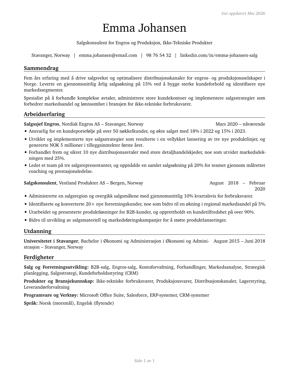 Sales Representatives, Wholesale and Manufacturing, Except Technical and Scientific Products CV in Norwegian_bokmal — page 1