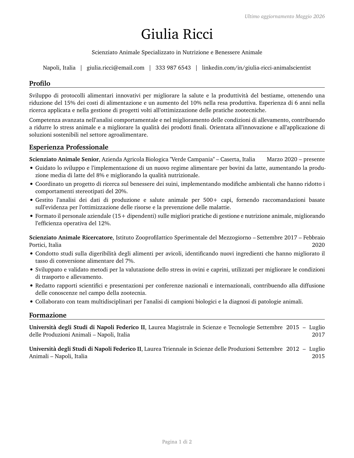 Animal Scientists CV in Italian — page 1