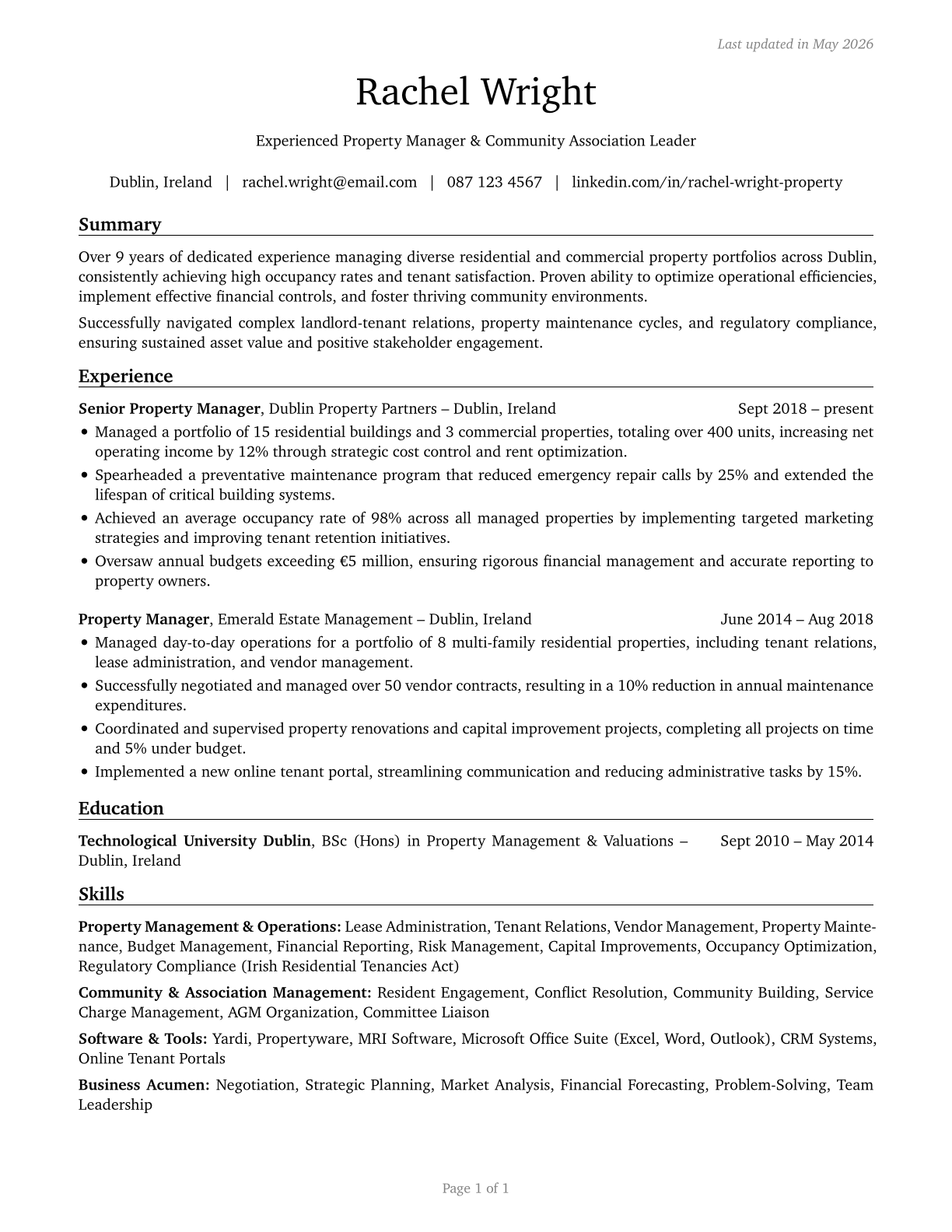 Property, Real Estate, and Community Association Managers CV in English — page 1