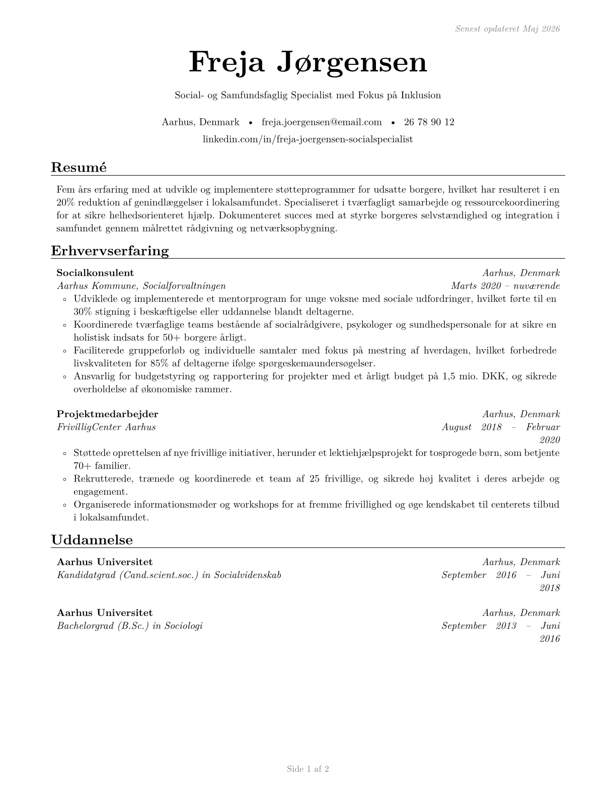 Community and Social Service Specialists, All Other CV in Danish — page 1