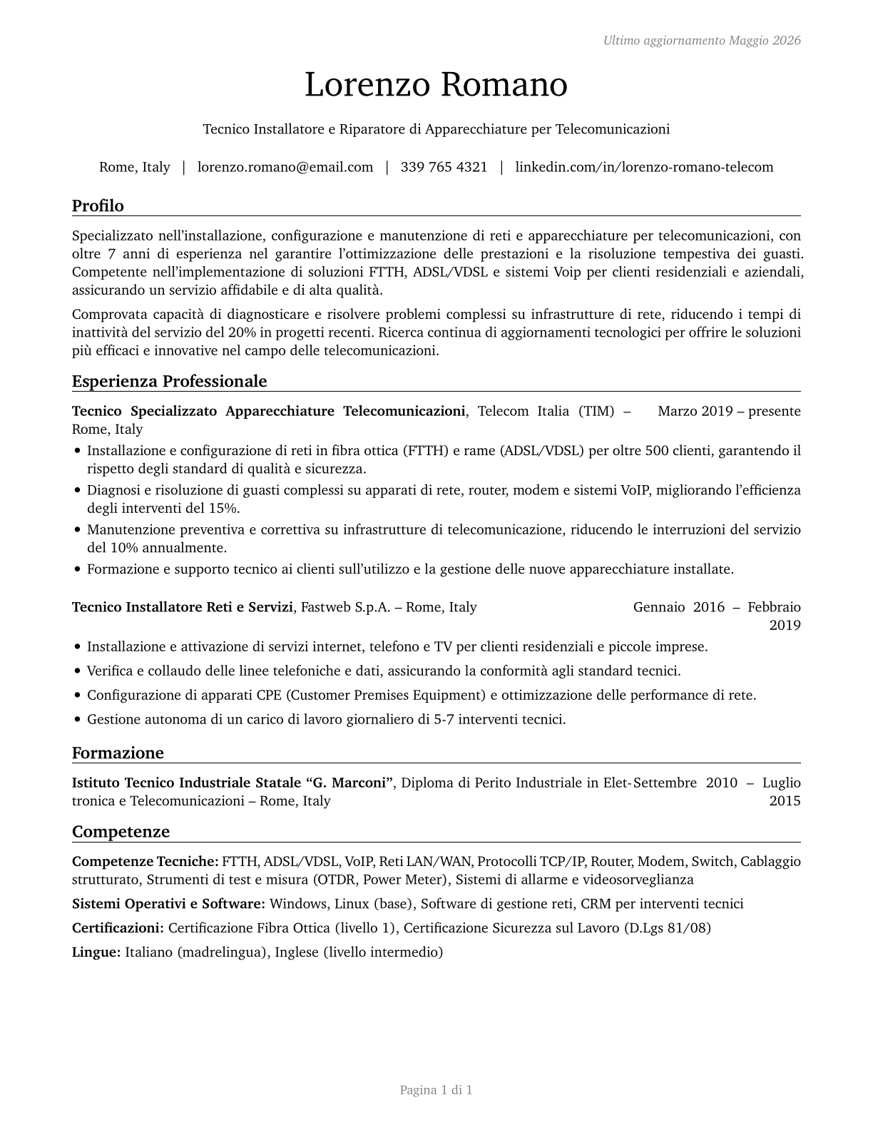 Telecommunications Equipment Installers and Repairers, Except Line Installers CV in Italian — page 1