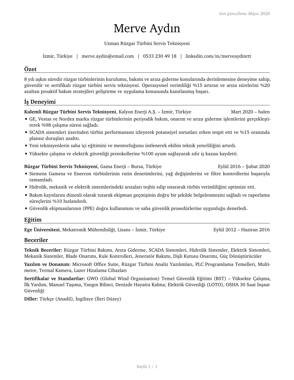 Wind Turbine Service Technicians CV in Turkish — page 1