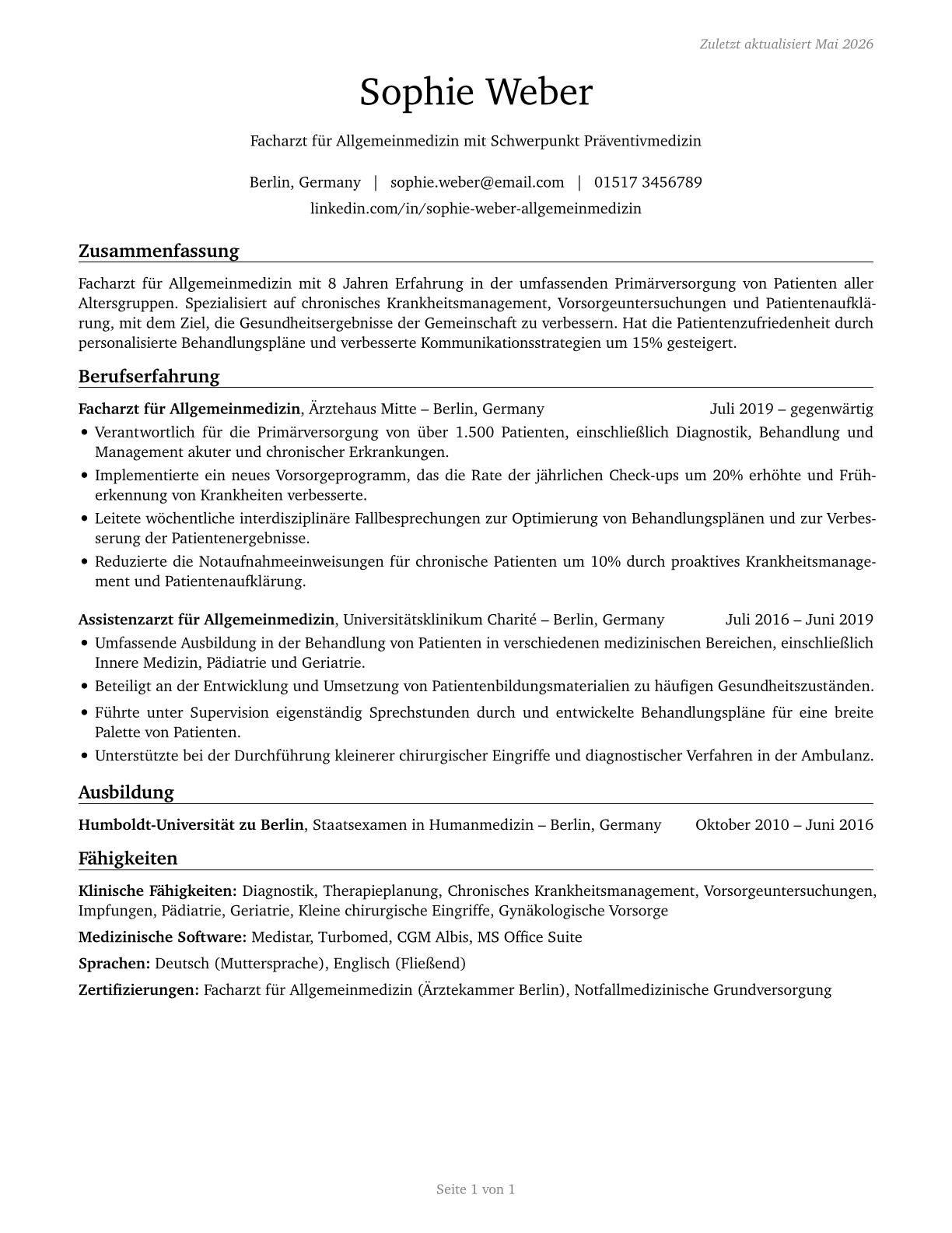 Family Medicine Physicians CV in German — page 1