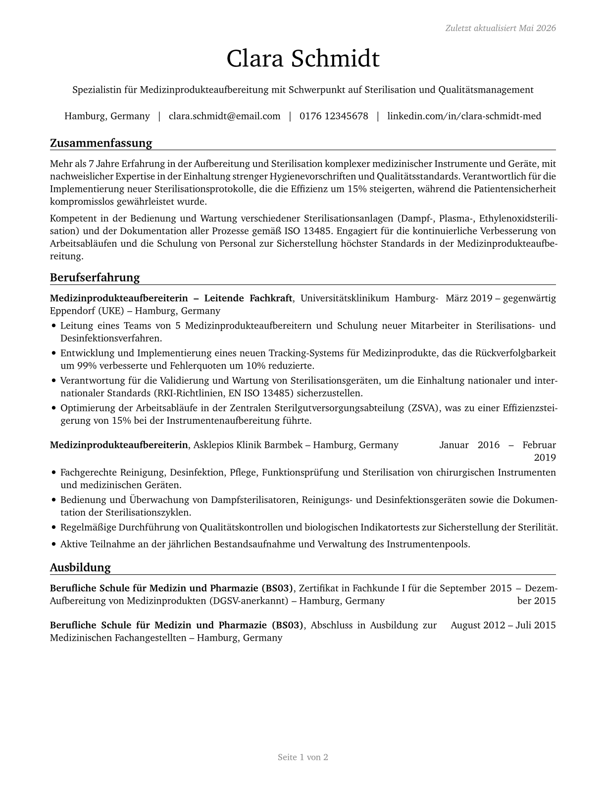 Medical Equipment Preparers CV in German — page 1