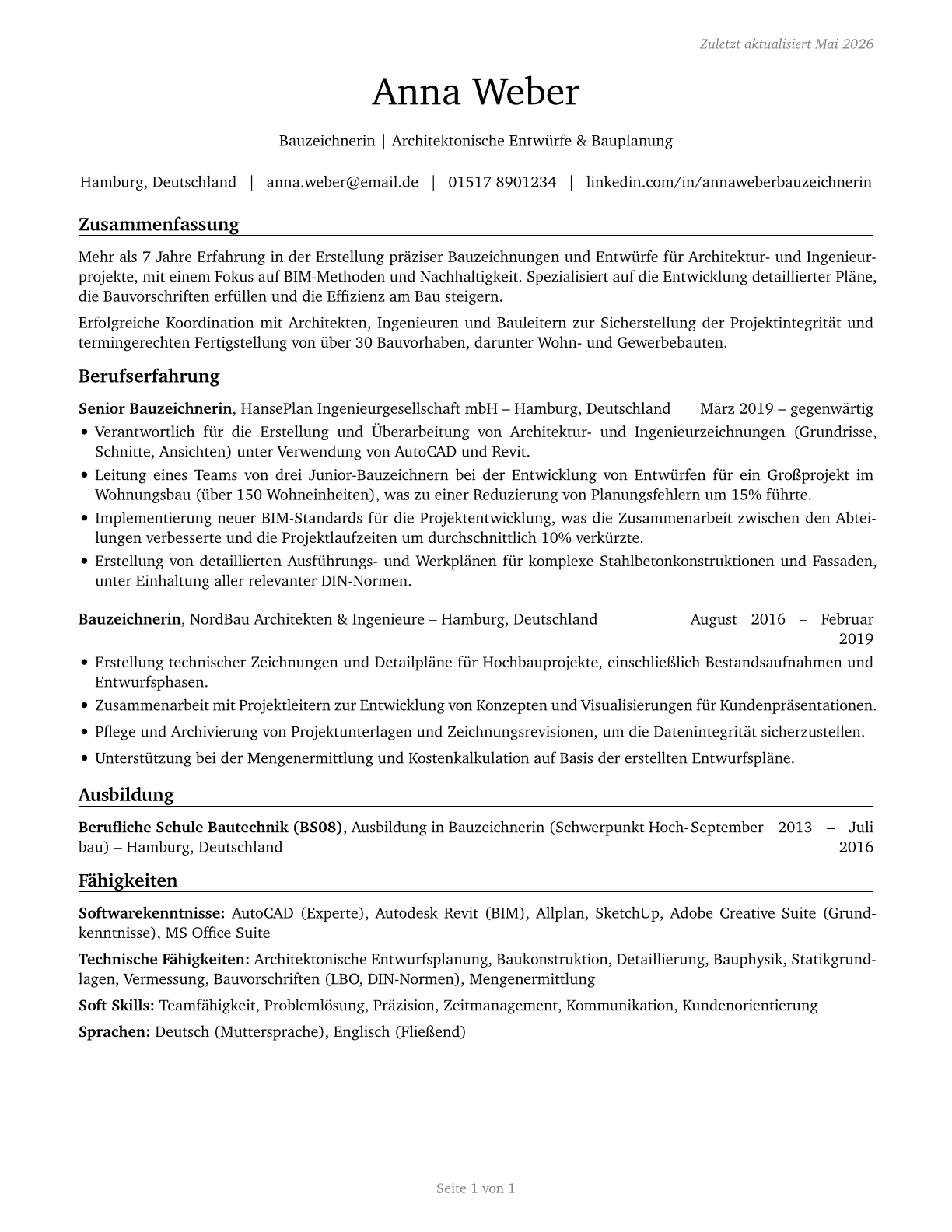 Architectural and Civil Drafters CV in German — page 1