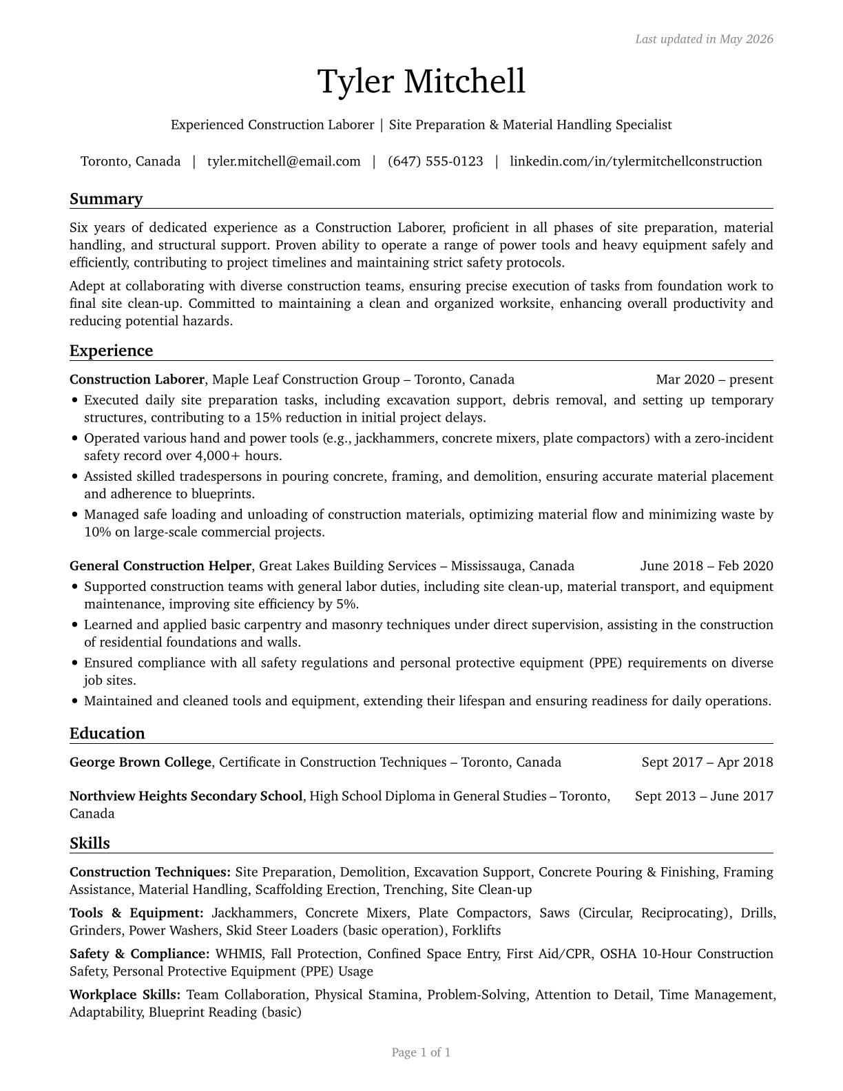 Construction Laborers CV in English — page 1