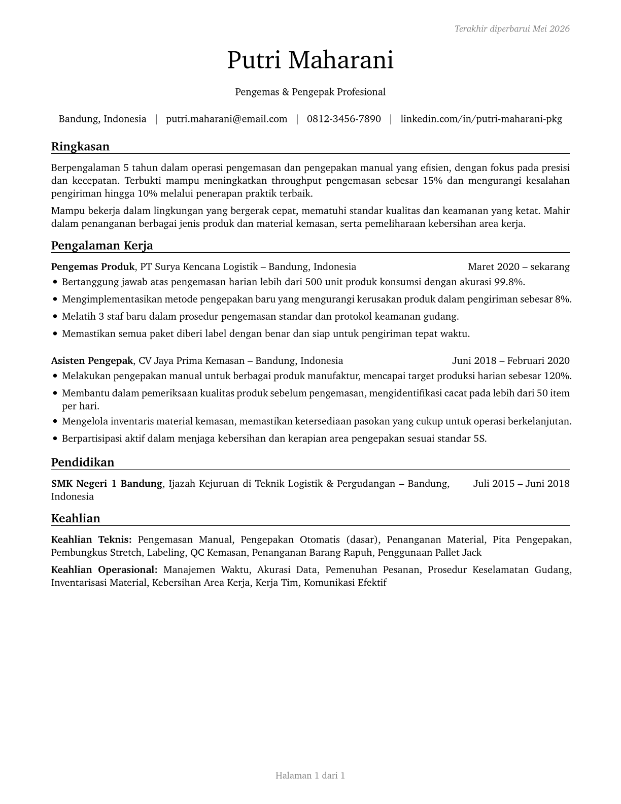 Packers and Packagers, Hand CV in Indonesian — page 1