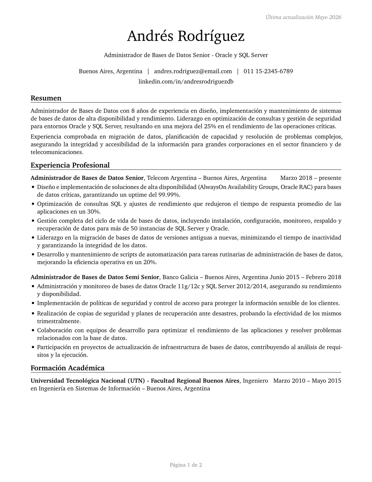 Database Administrators CV in Spanish — page 1