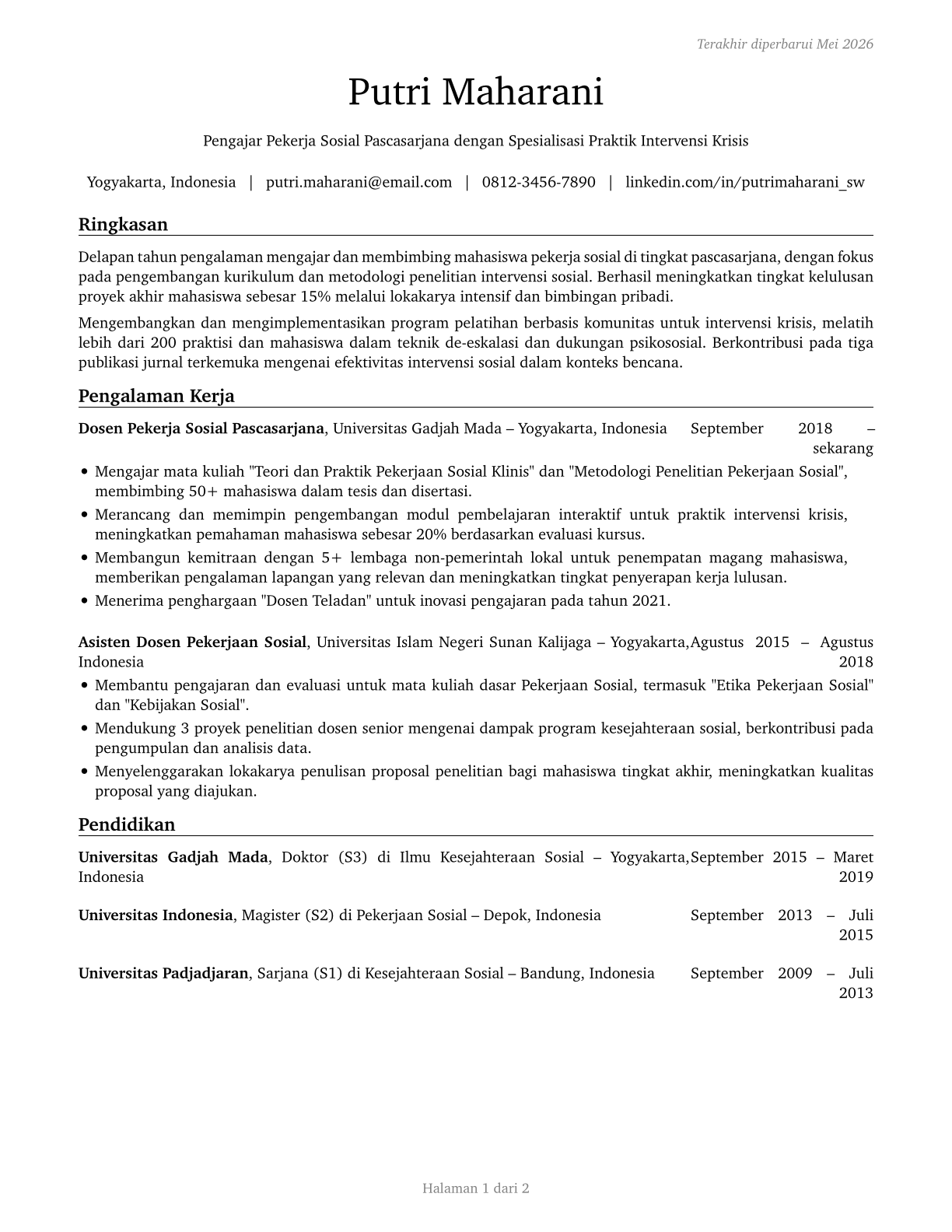 Social Work Teachers, Postsecondary CV in Indonesian — page 1
