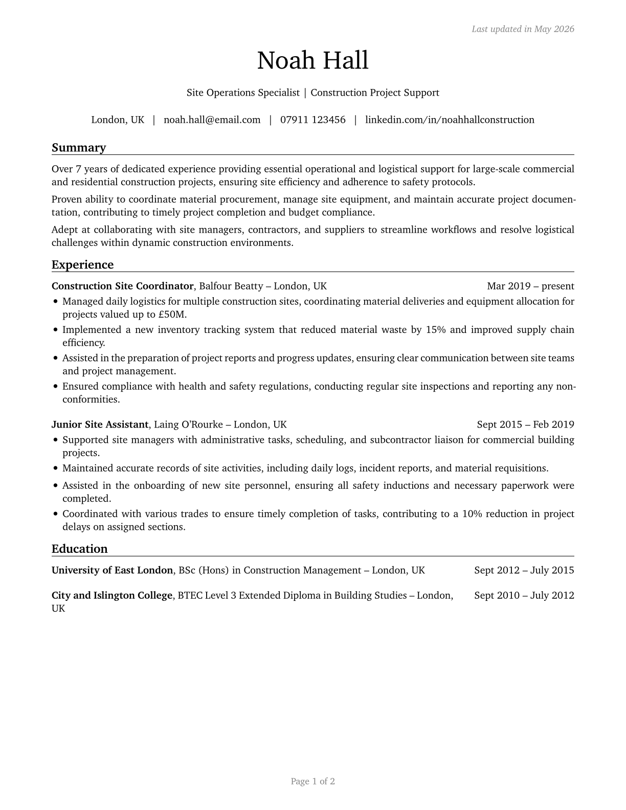 Construction and Related Workers, All Other CV in English — page 1