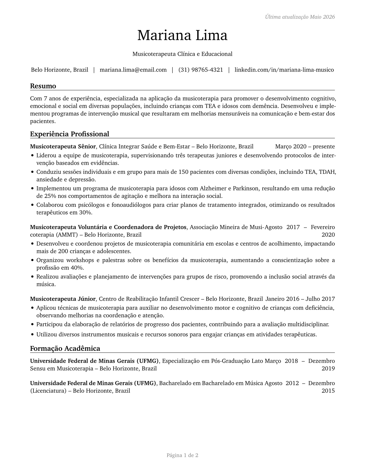 Music Therapists CV in Portuguese — page 1