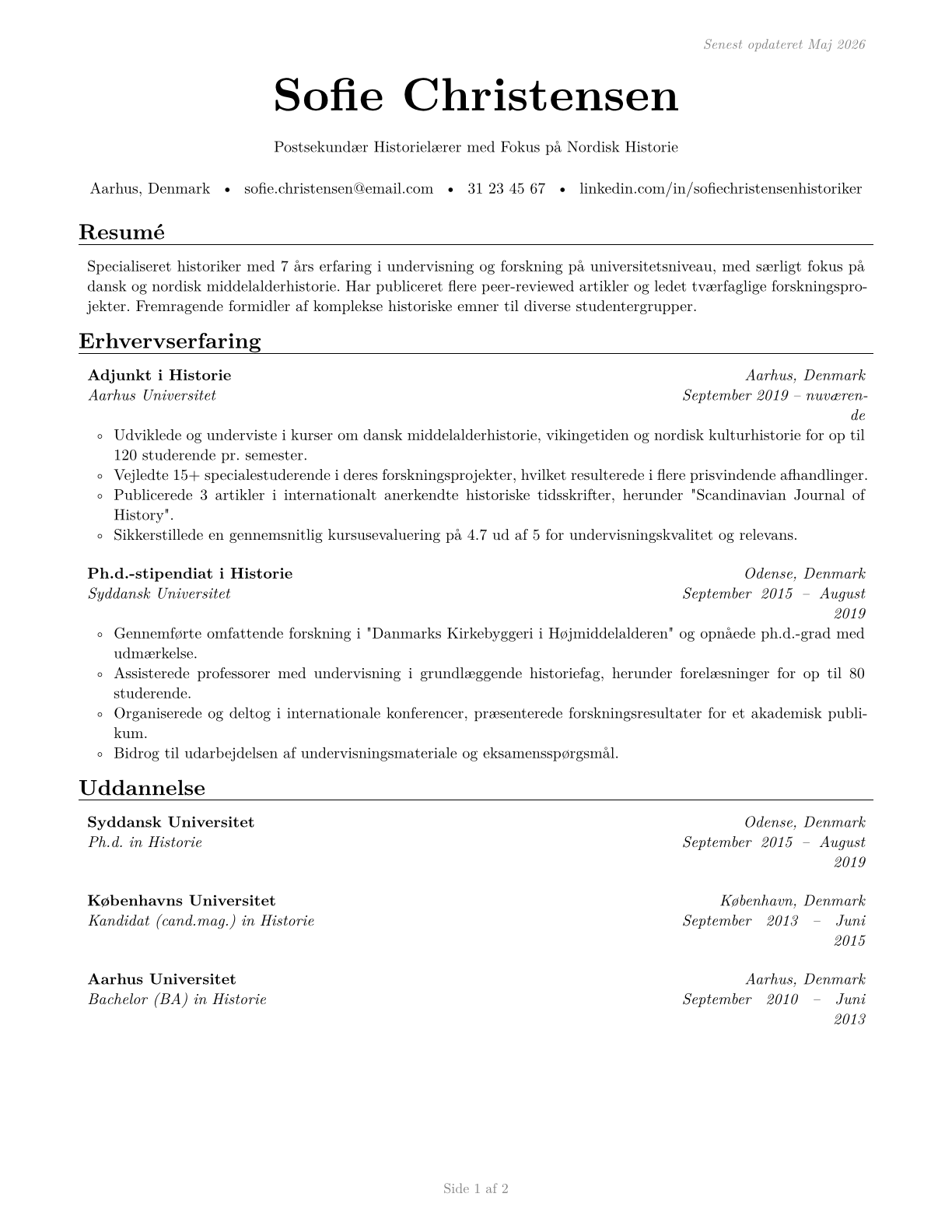 History Teachers, Postsecondary CV in Danish — page 1
