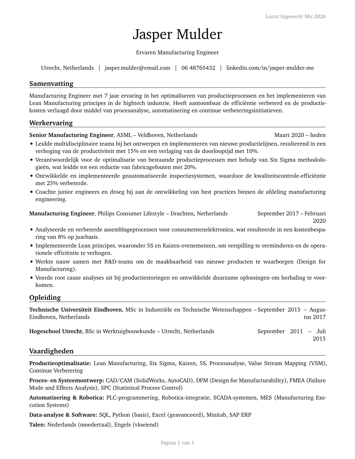 Manufacturing Engineers CV in Dutch — page 1