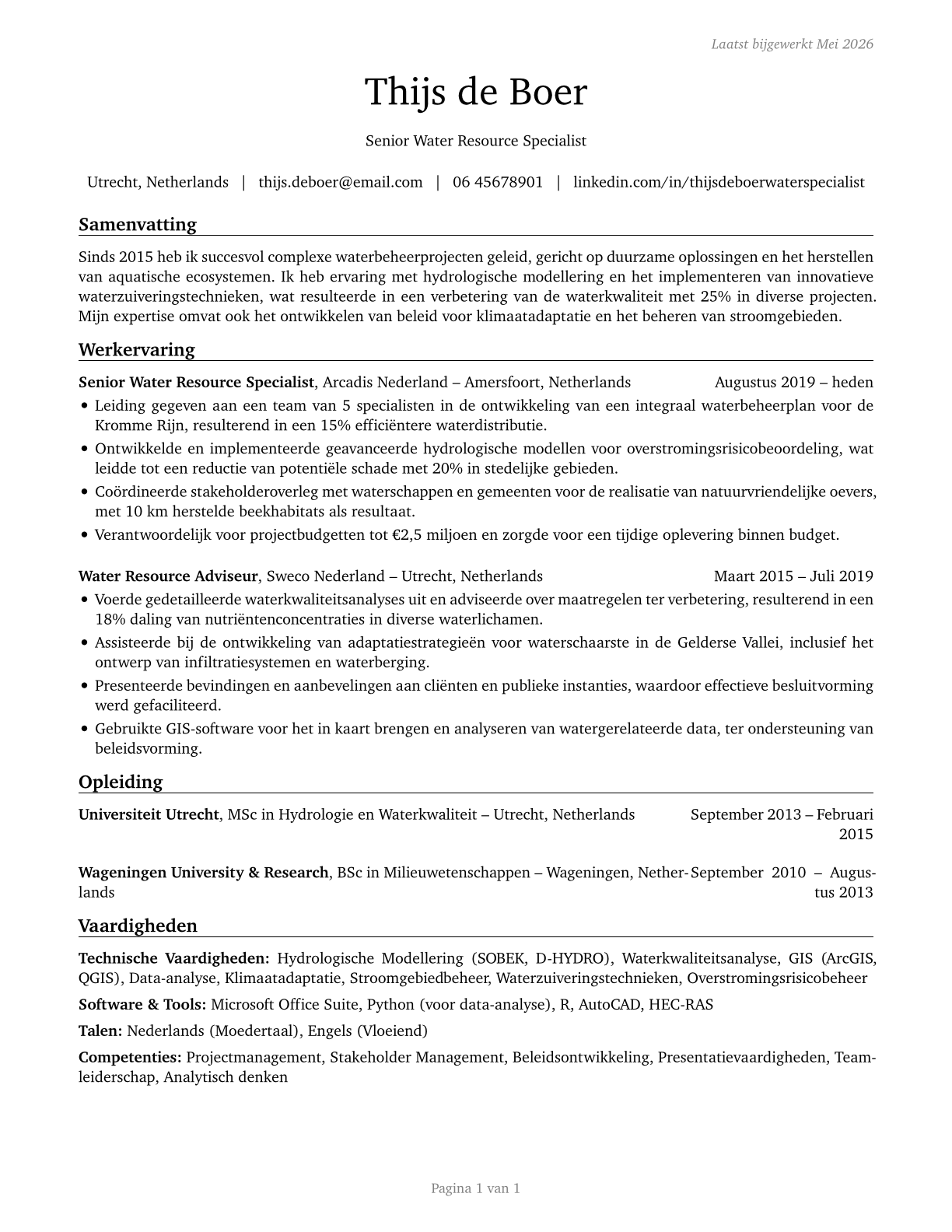 Water Resource Specialists CV in Dutch — page 1