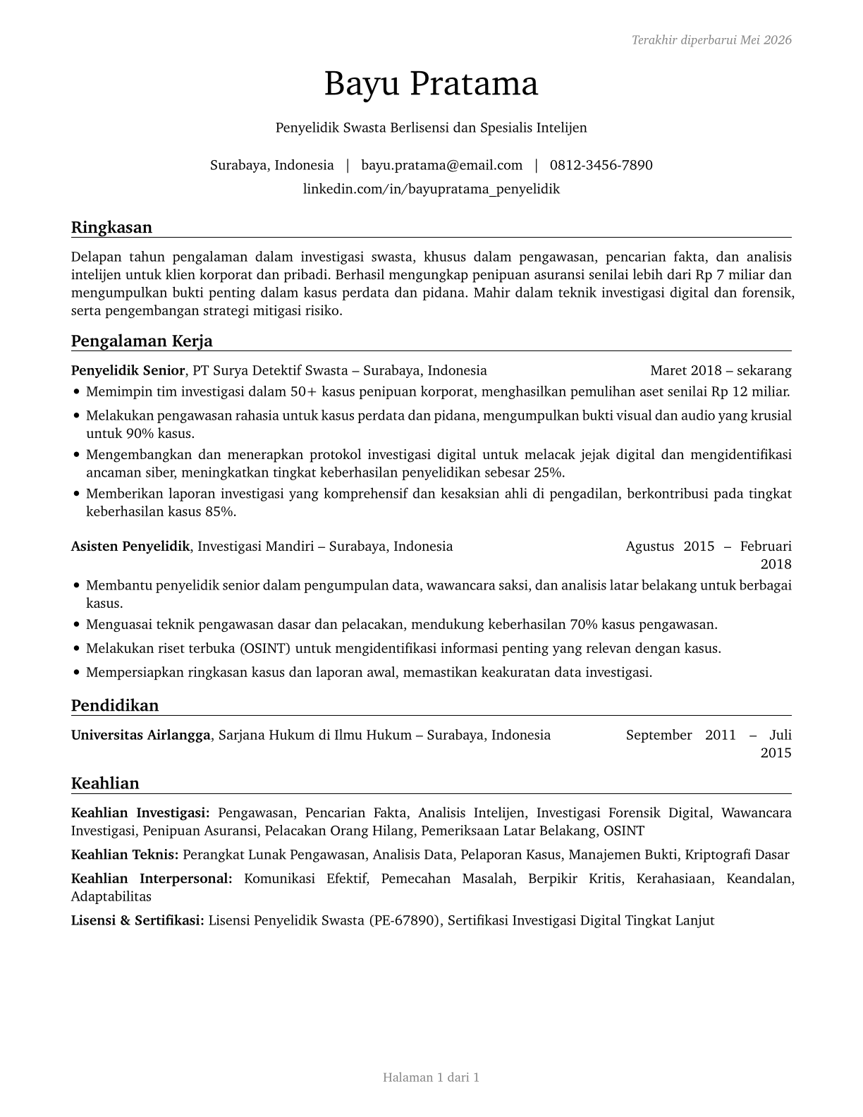 Private Detectives and Investigators CV in Indonesian — page 1