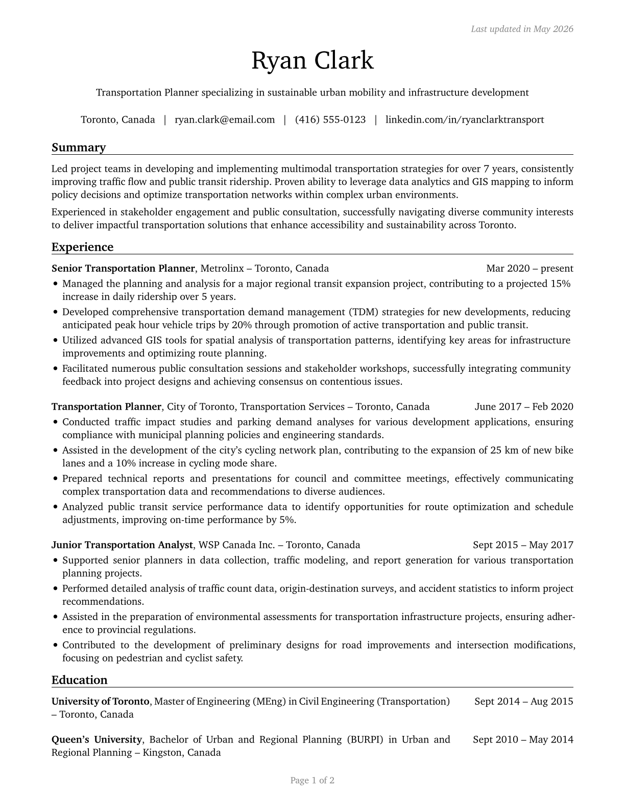 Transportation Planners CV in English — page 1
