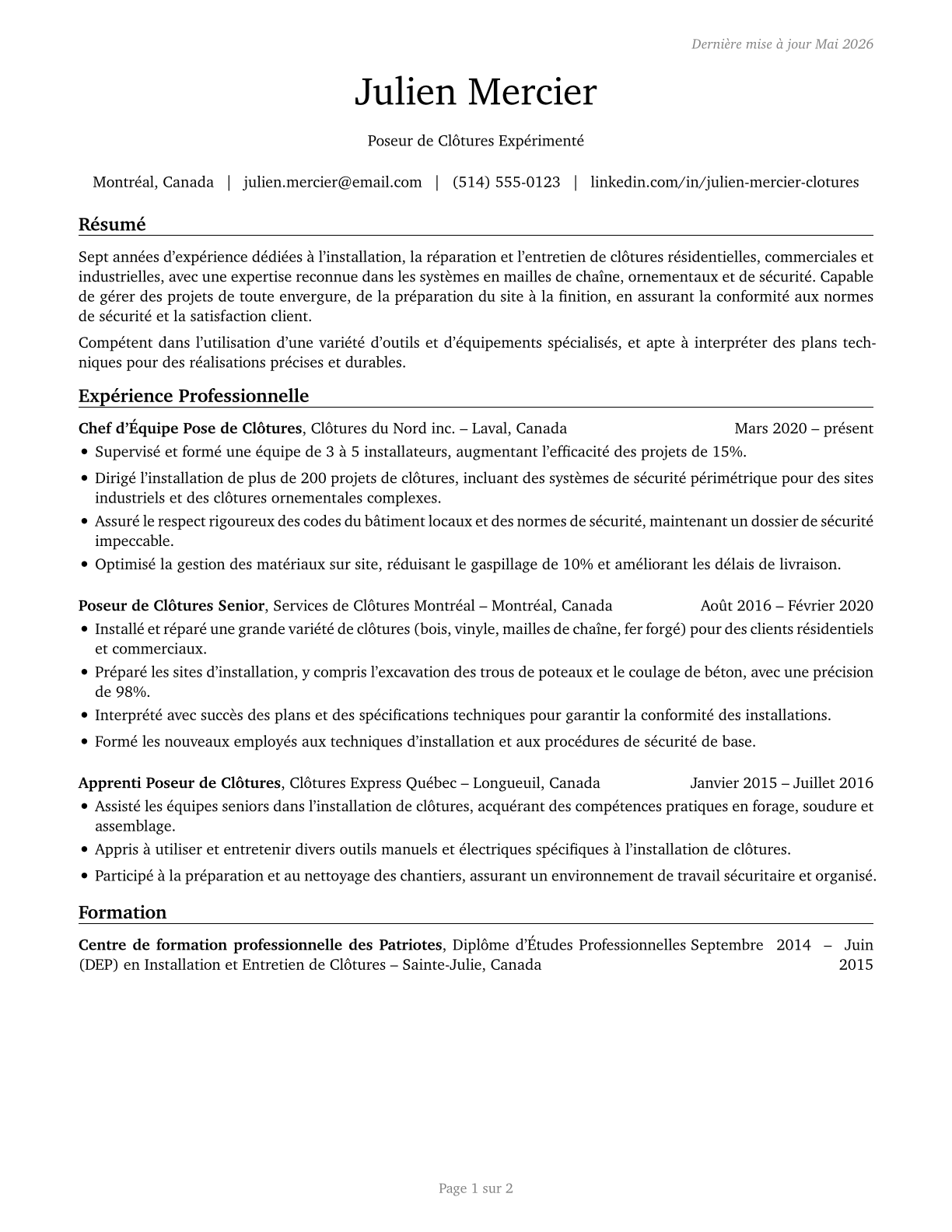 Fence Erectors CV in French — page 1