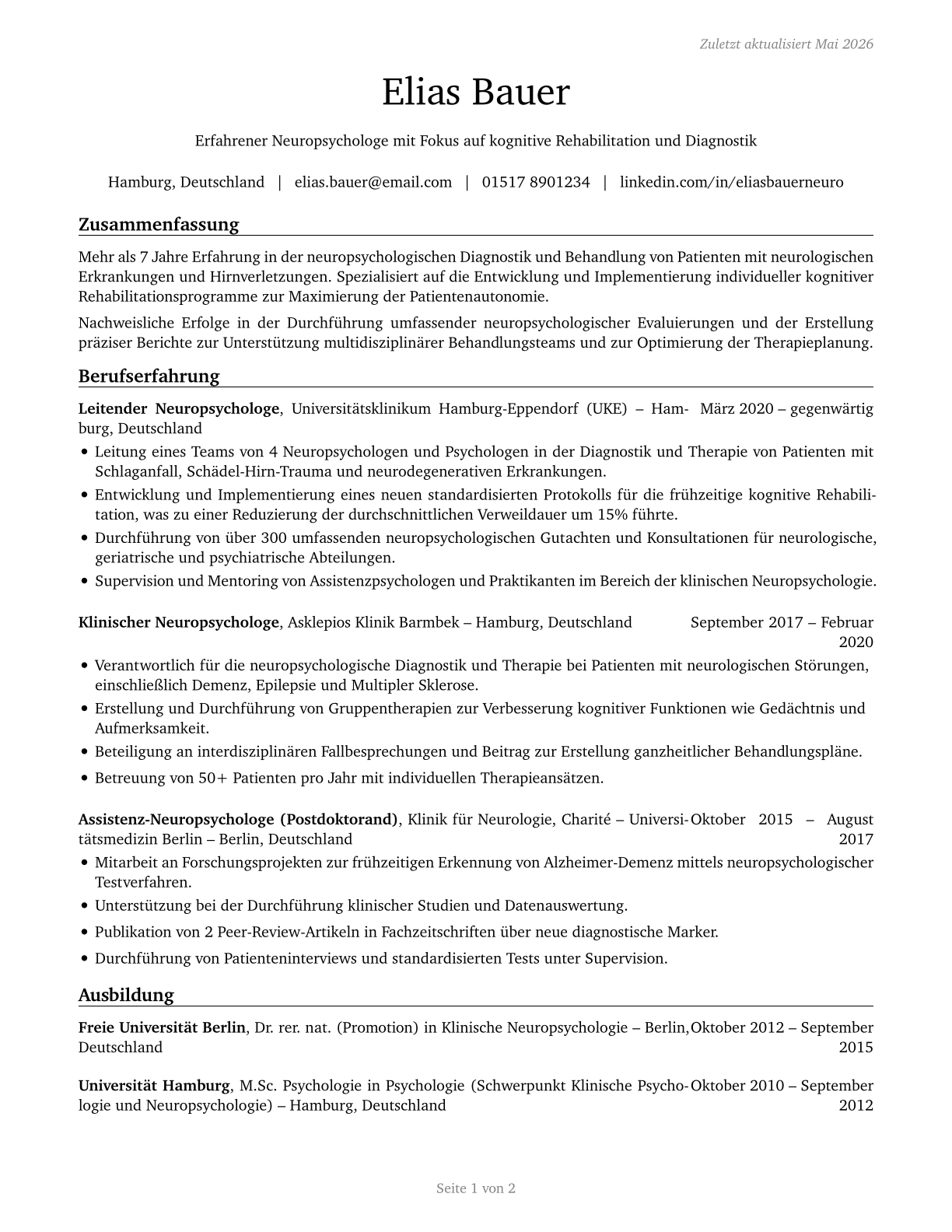 Neuropsychologists CV in German — page 1
