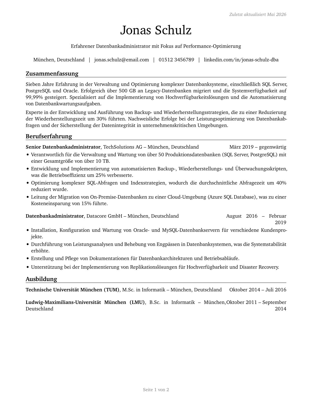 Database Administrators CV in German — page 1