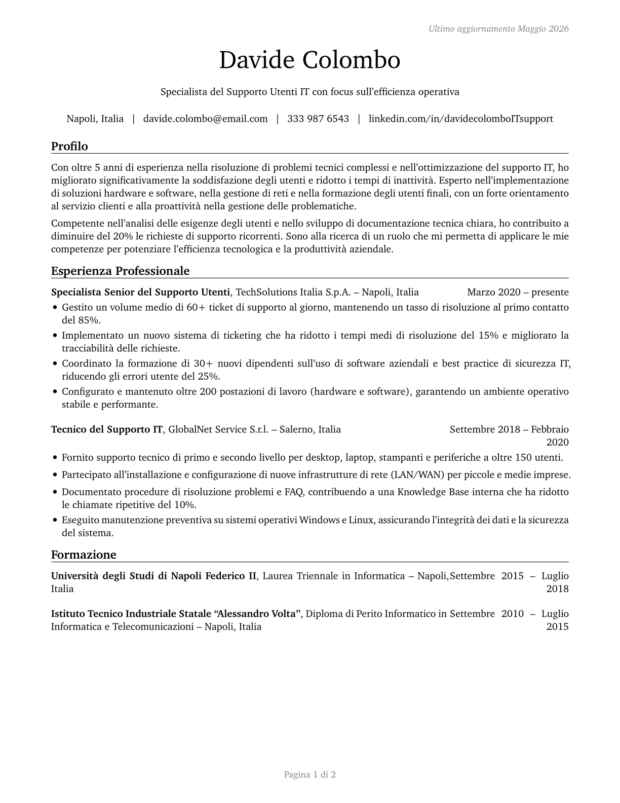 Computer User Support Specialists CV in Italian — page 1
