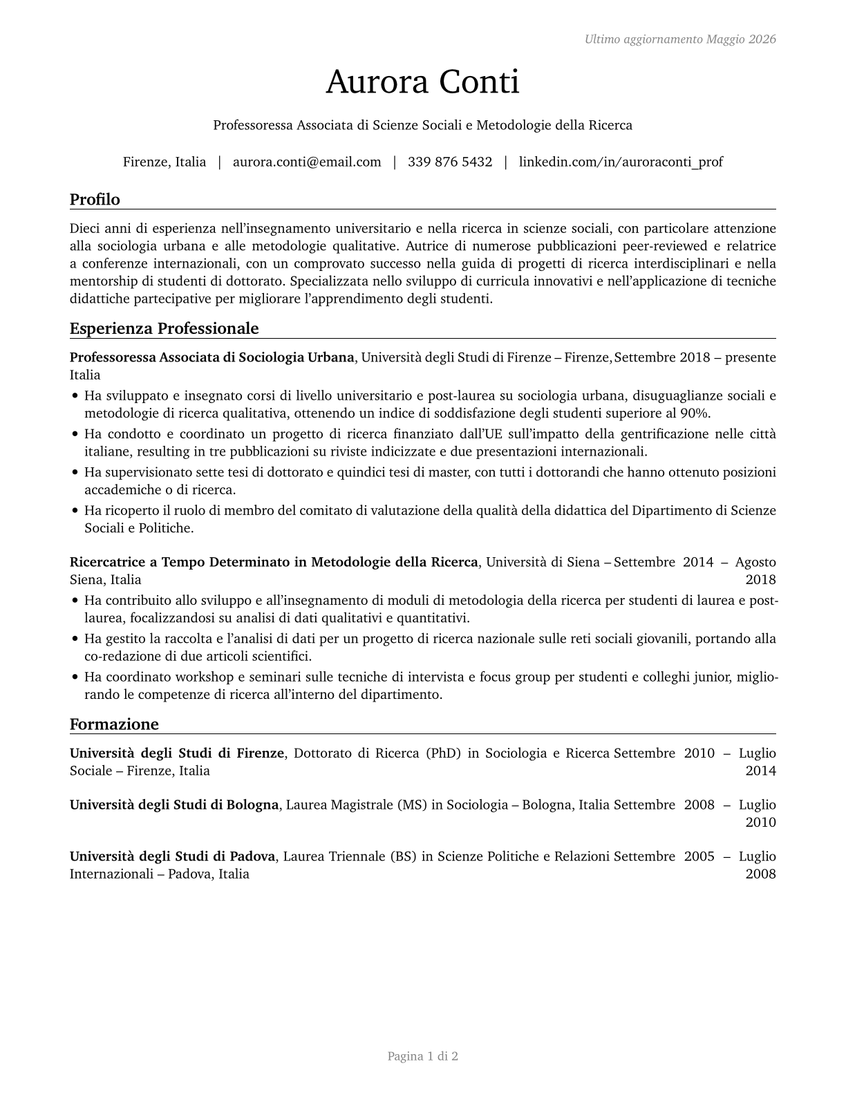 Postsecondary Teachers, All Other CV in Italian — page 1