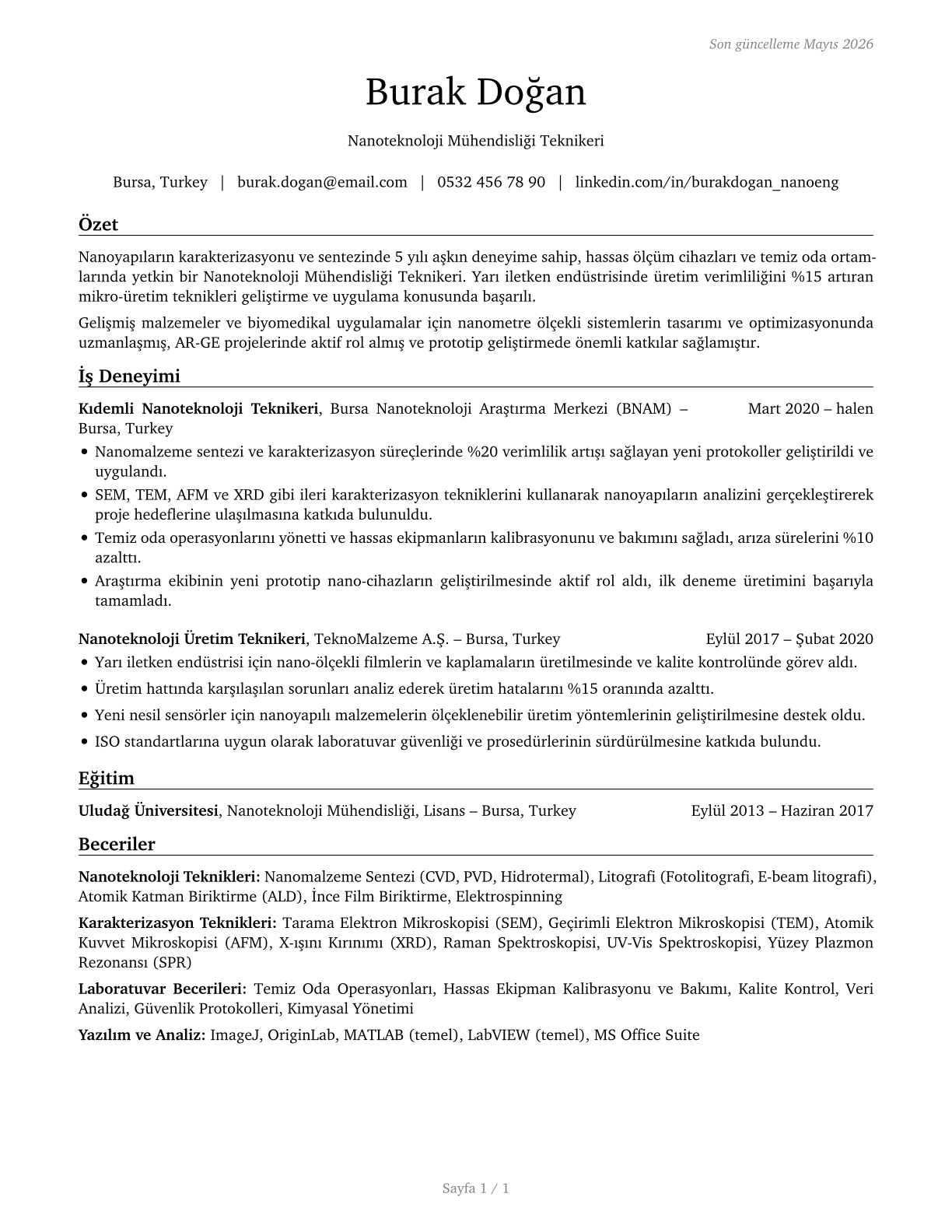 Nanotechnology Engineering Technologists and Technicians CV in Turkish — page 1