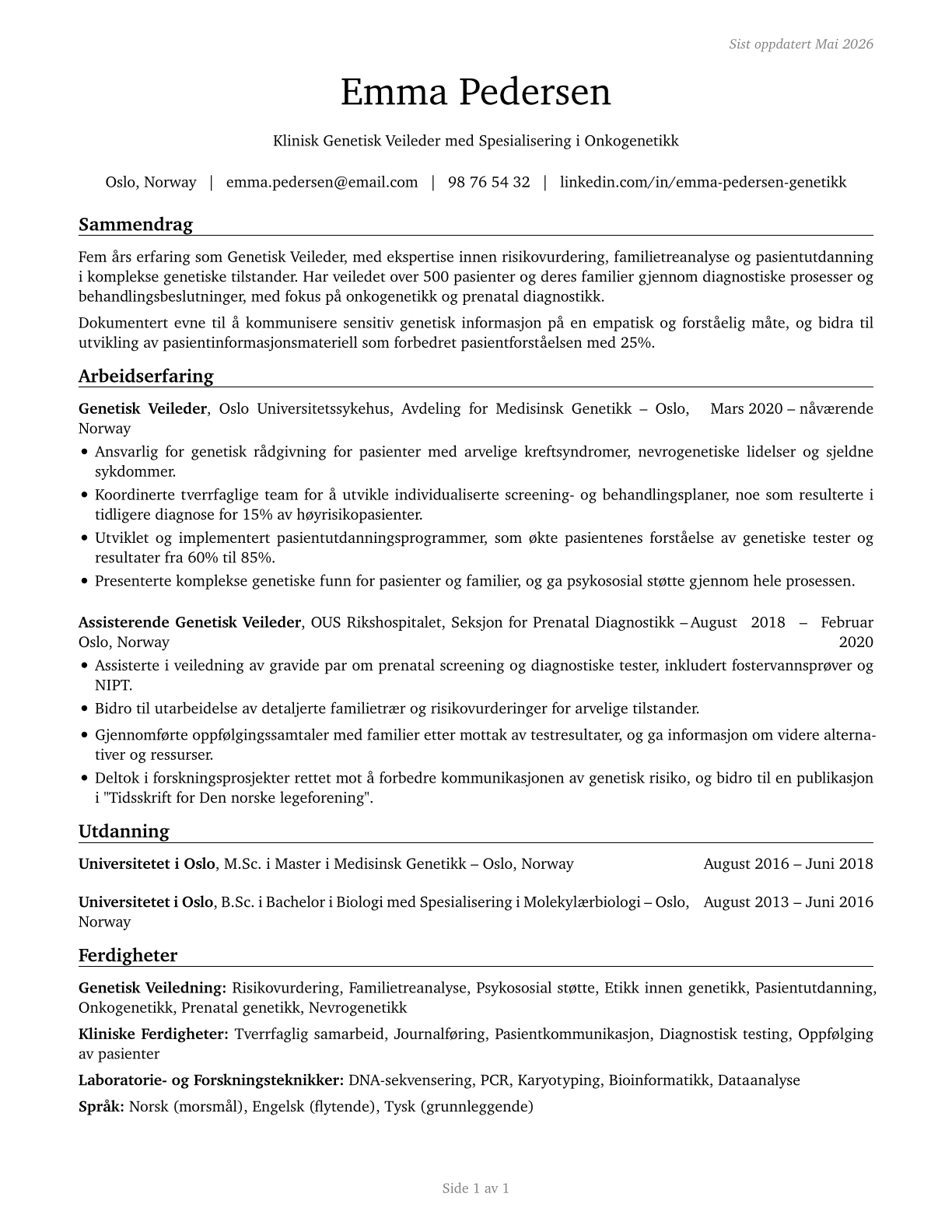 Genetic Counselors CV in Norwegian_bokmal — page 1