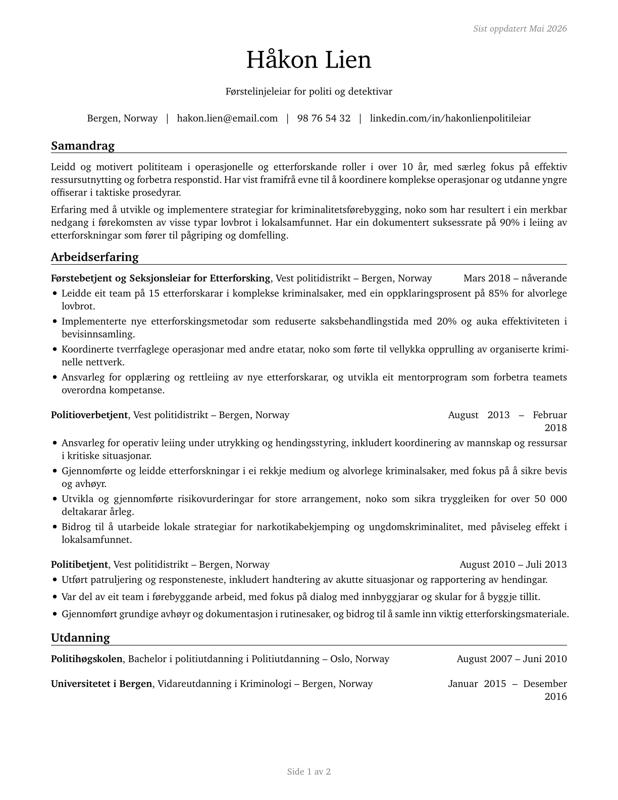 First-Line Supervisors of Police and Detectives CV in Norwegian_nynorsk — page 1