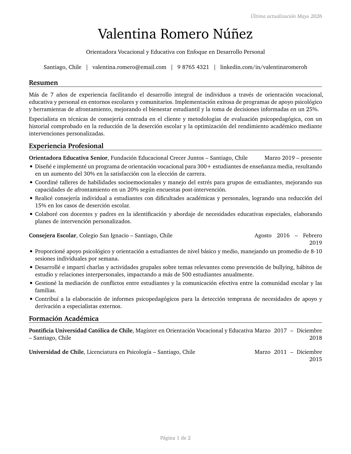 Counselors, All Other CV in Spanish — page 1