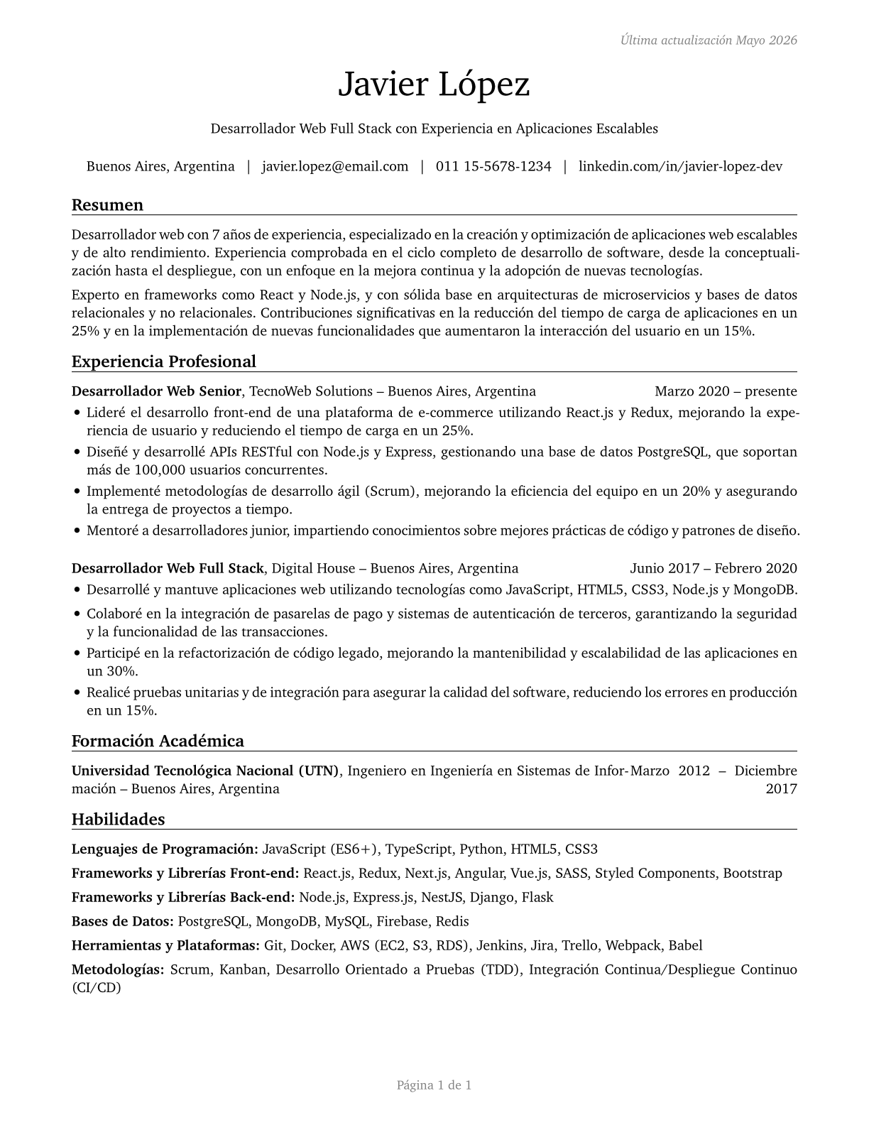 Web Developers CV in Spanish — page 1