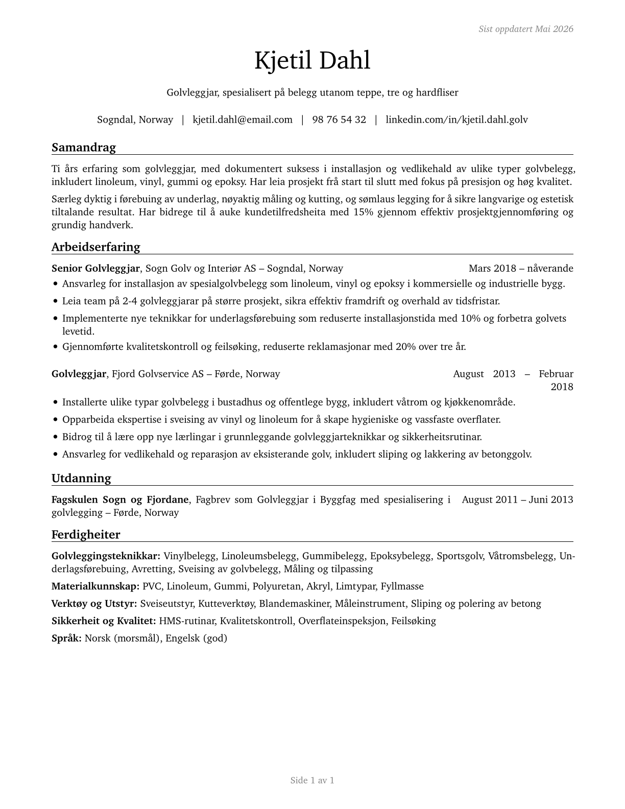 Floor Layers, Except Carpet, Wood, and Hard Tiles CV in Norwegian_nynorsk — page 1