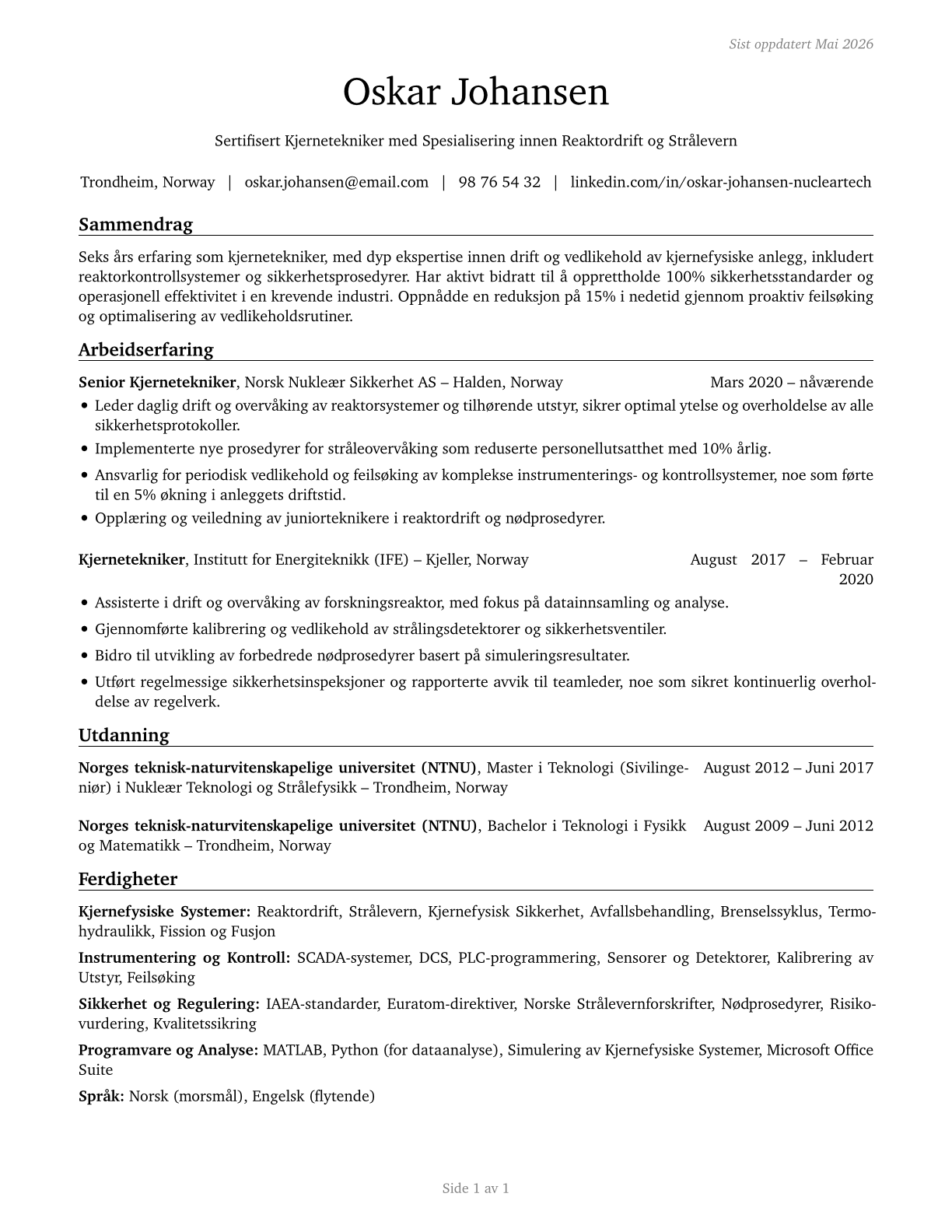 Nuclear Technicians CV in Norwegian_bokmal — page 1