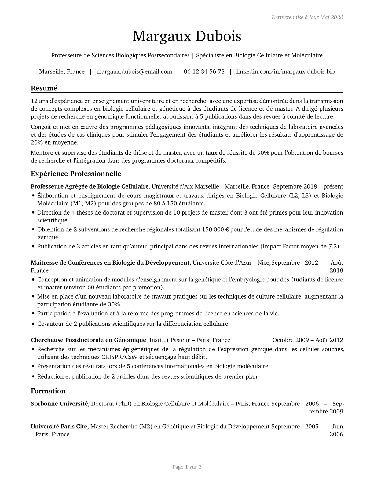 Biological Science Teachers, Postsecondary CV in French — page 1
