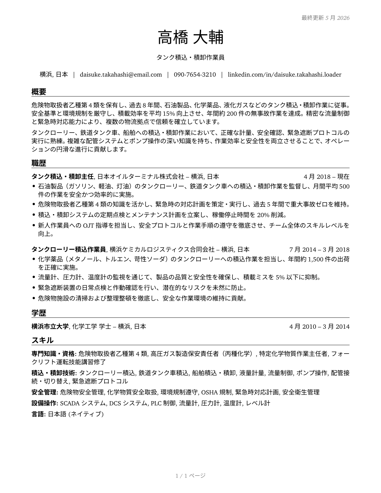 Tank Car, Truck, and Ship Loaders CV in Japanese — page 1