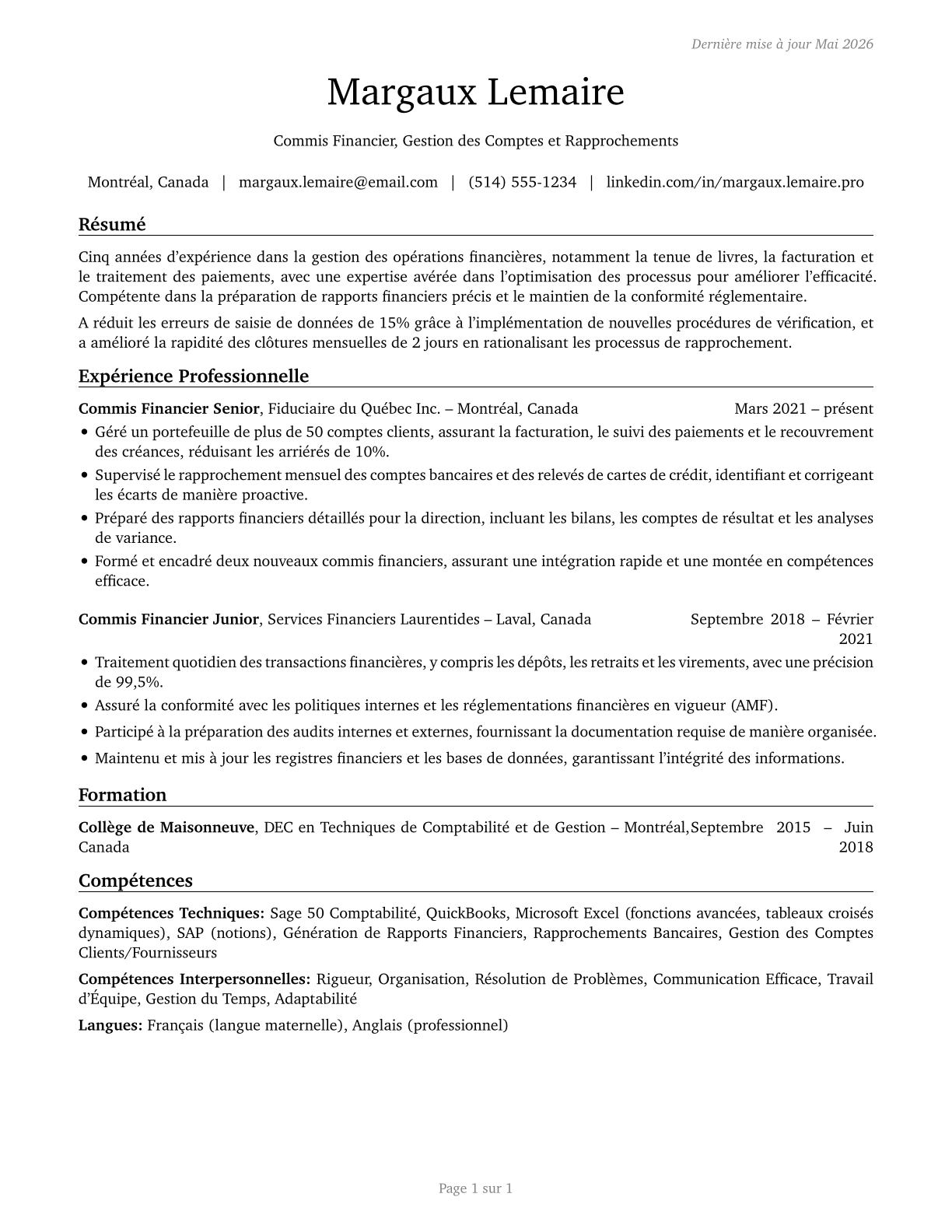 Financial Clerks, All Other CV in French — page 1