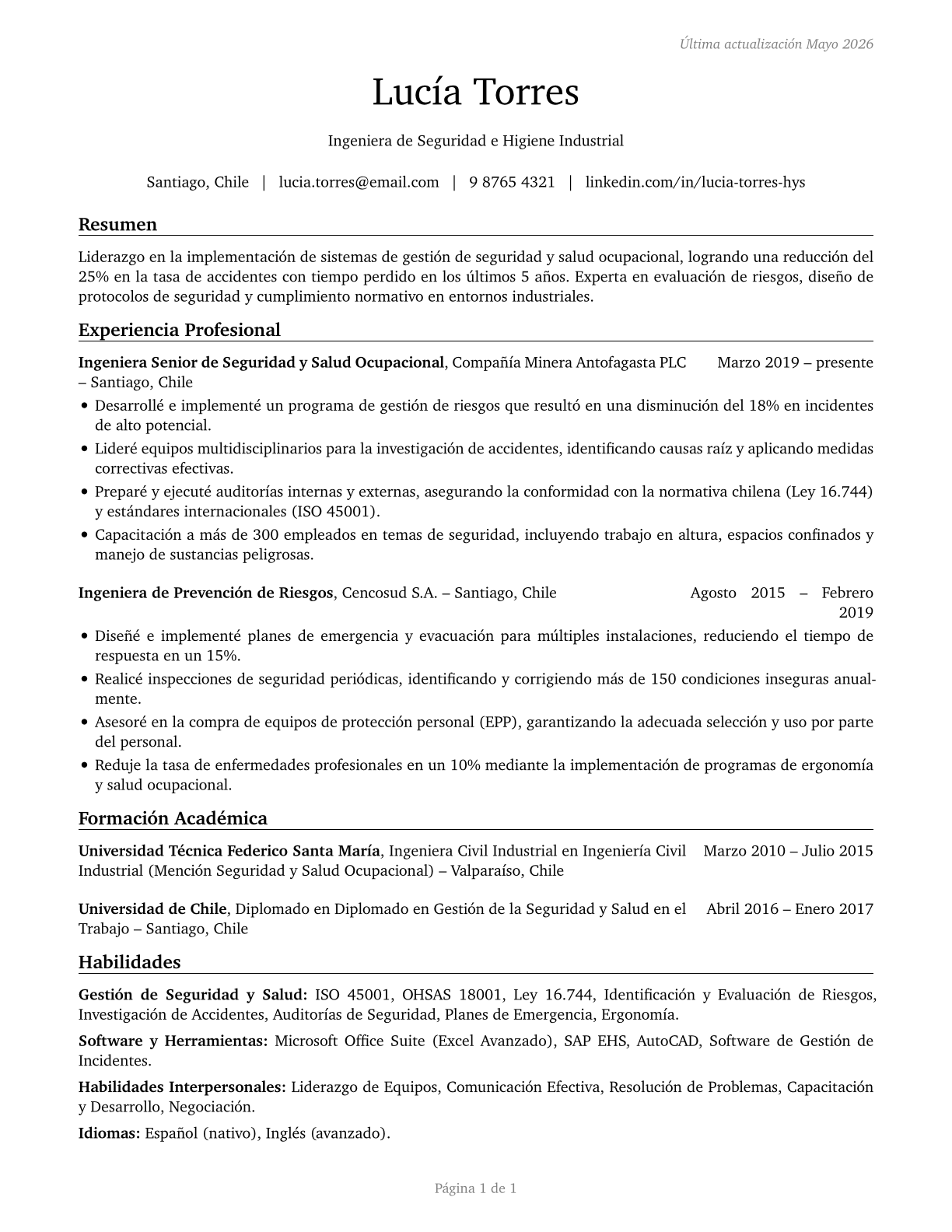 Health and Safety Engineers, Except Mining Safety Engineers and Inspectors CV in Spanish — page 1