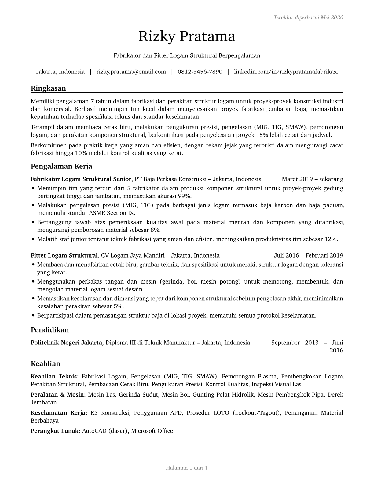 Structural Metal Fabricators and Fitters CV in Indonesian — page 1