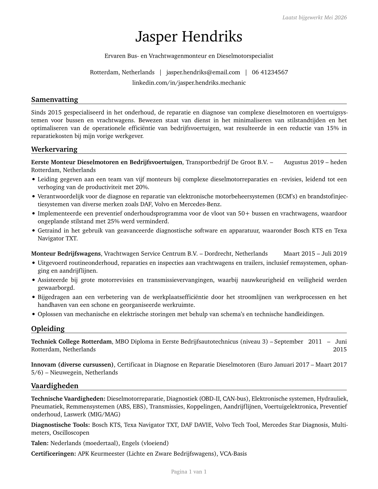 Bus and Truck Mechanics and Diesel Engine Specialists CV in Dutch — page 1
