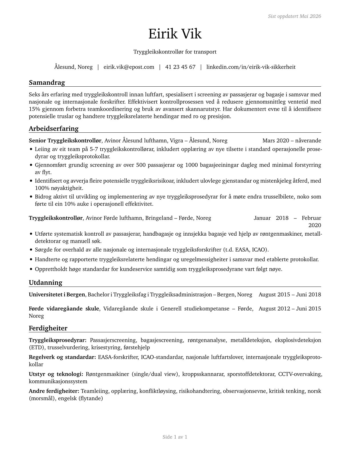 Transportation Security Screeners CV in Norwegian_nynorsk — page 1