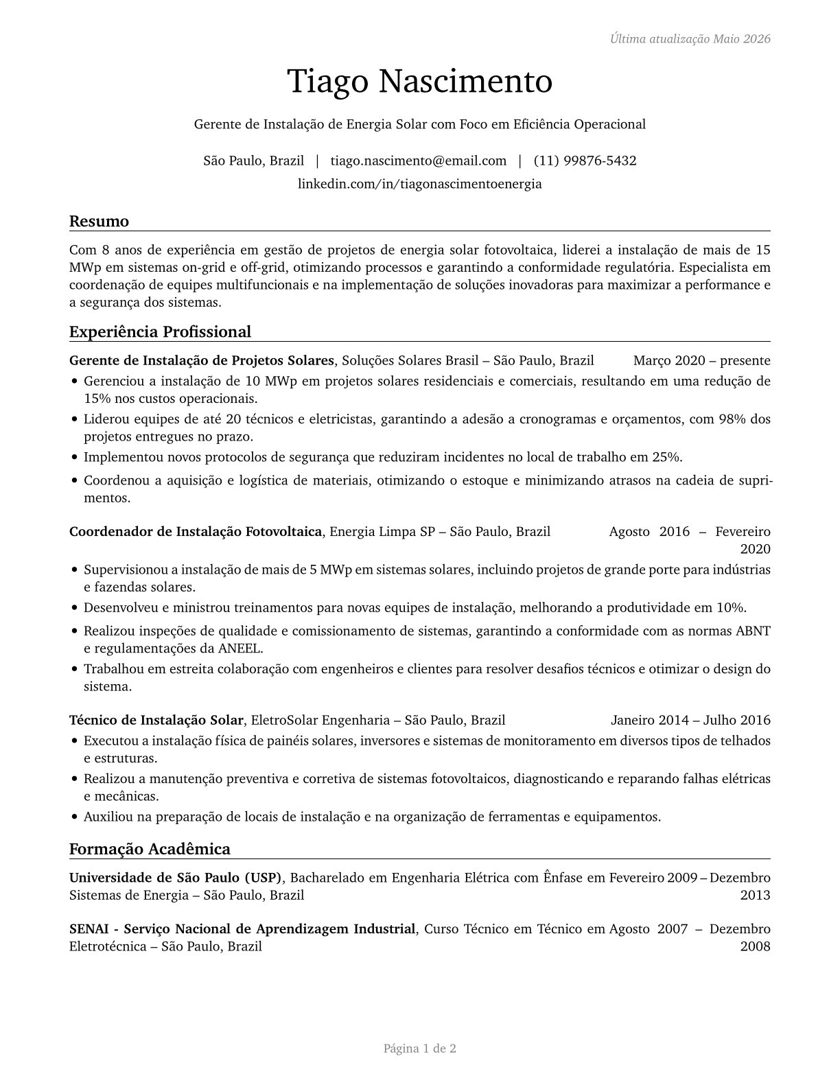 Solar Energy Installation Managers CV in Portuguese — page 1