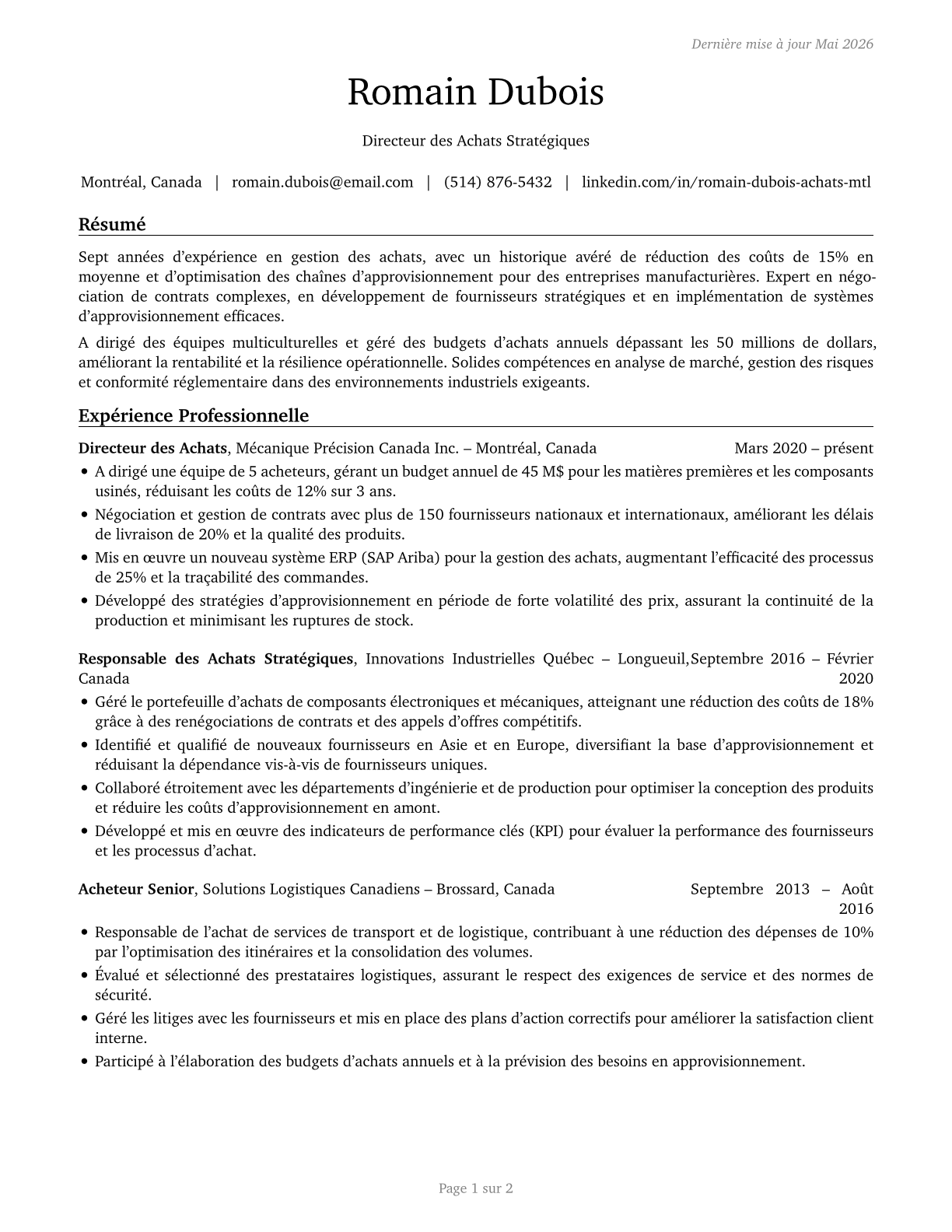 Purchasing Managers CV in French — page 1